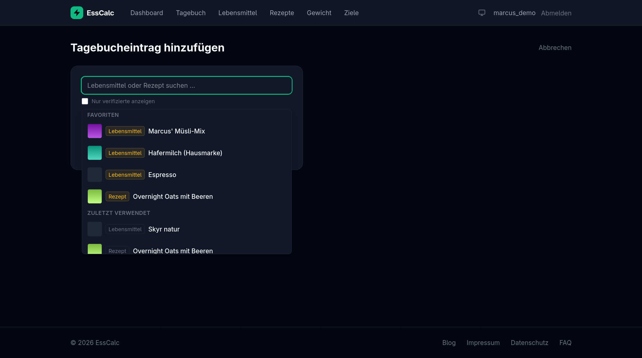 Favoriten im Diary-Picker