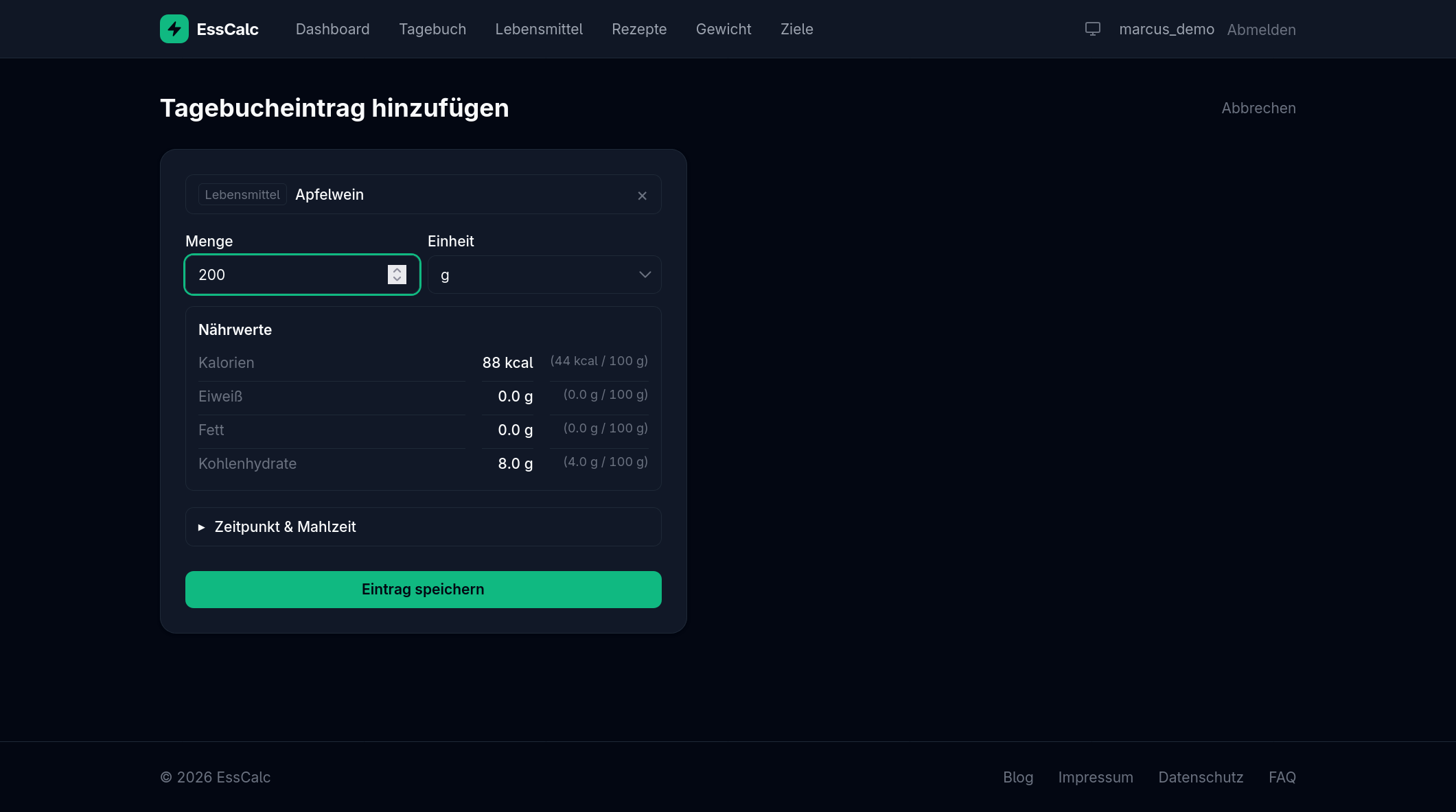 Tagebuch-Picker mit Live-Nährwert-Vorschau