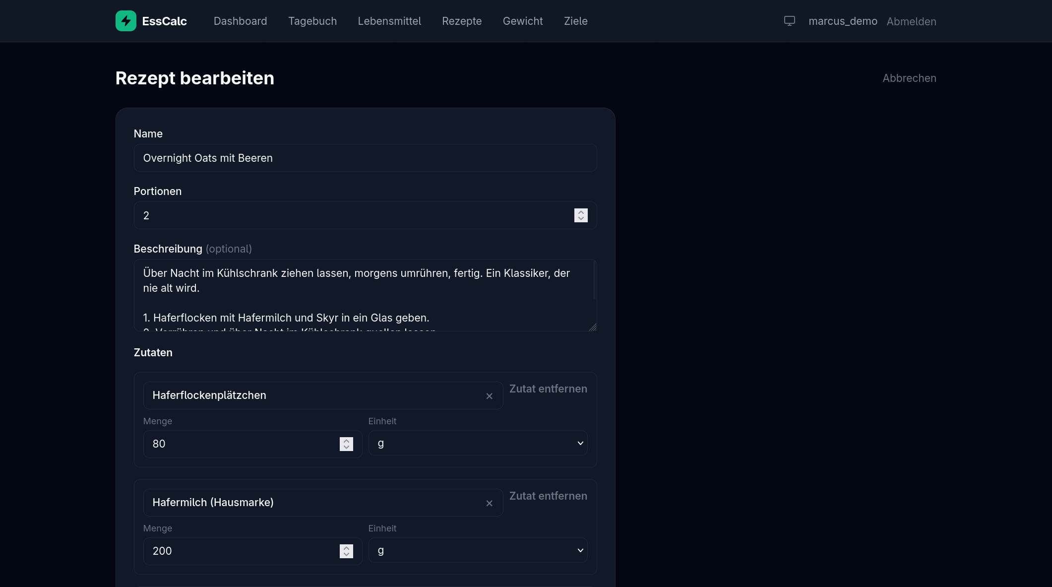 Rezept-Editor mit Zutaten und Live-Nährwerten