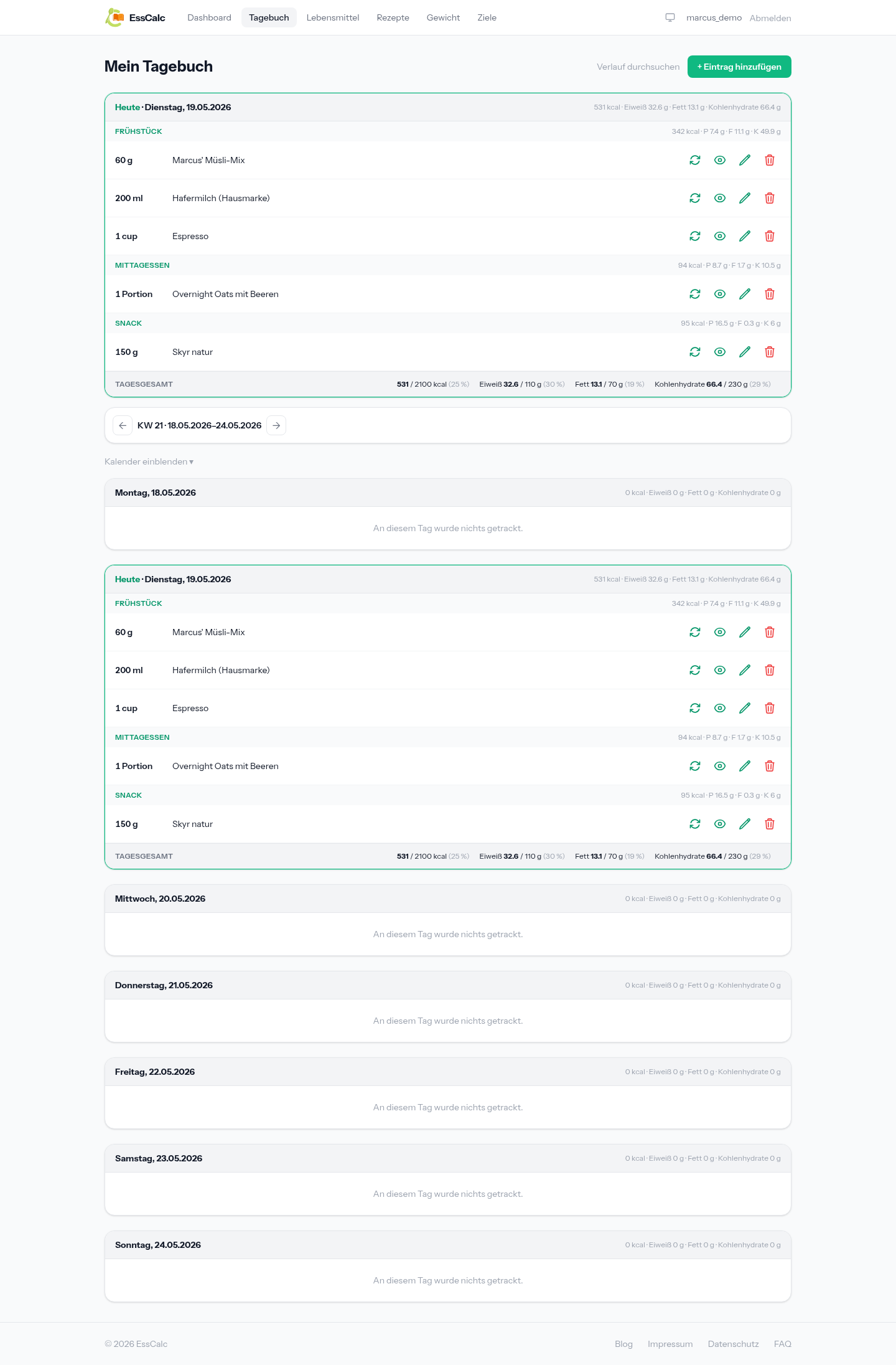 Wochenweise Tagebuch-Pagination