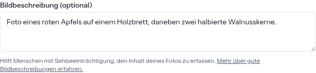 Eingabefeld für die Bildbeschreibung im Rezept-Formular, mit Link zur Hilfeseite