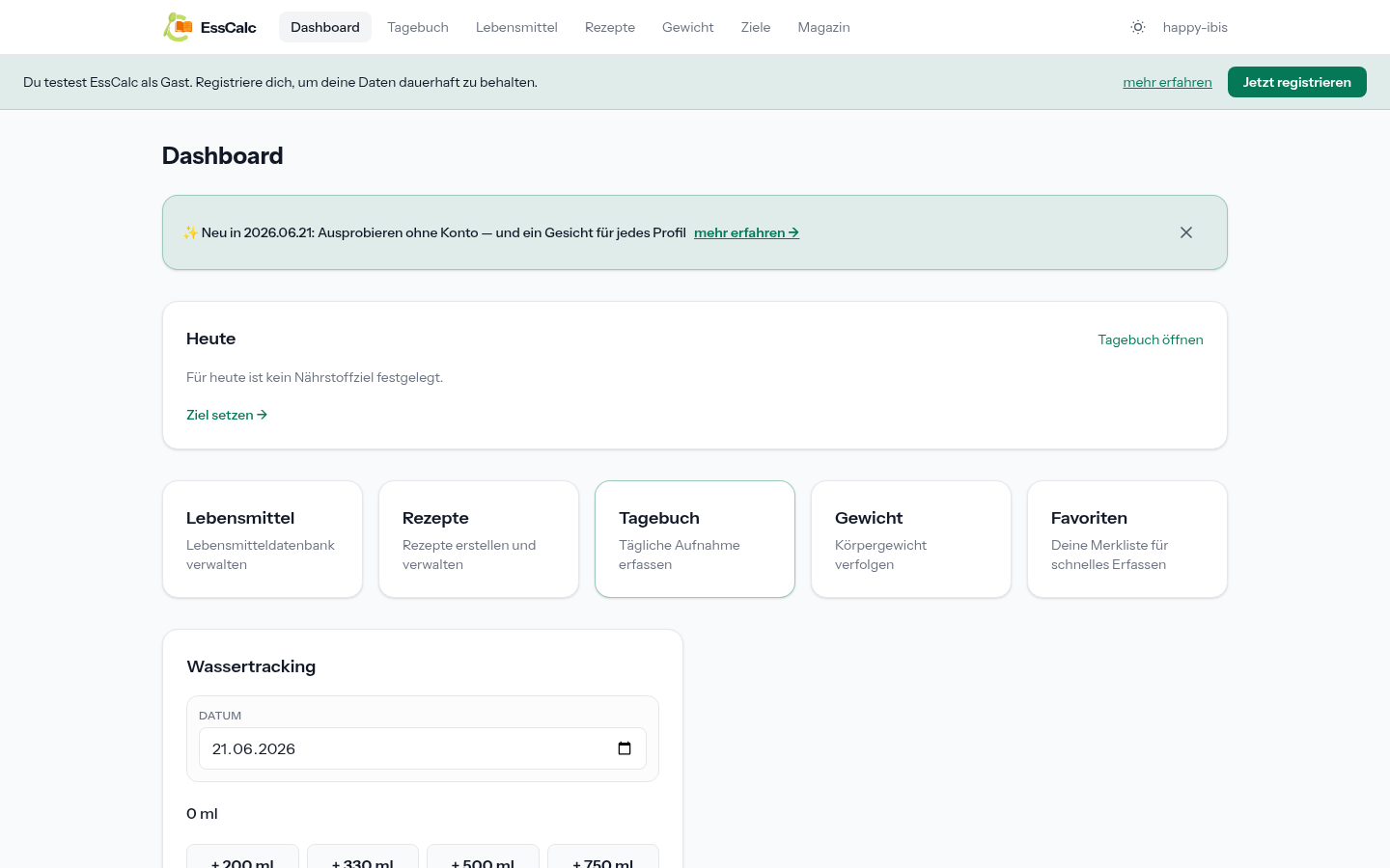 Gast-Modus: Dashboard mit dem Hinweis-Banner zum Registrieren