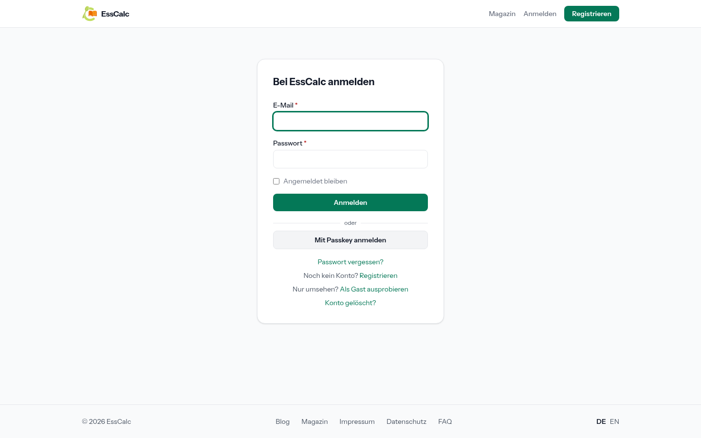 Anmeldeseite mit Passkey-Login